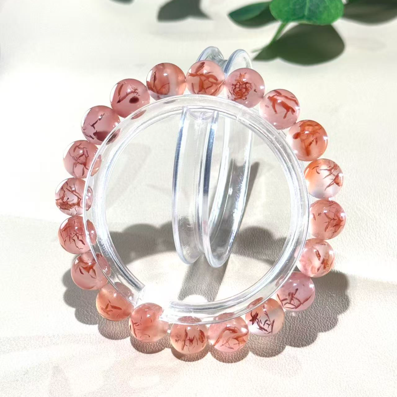 【杰韵南红】天然南红特色橘粉底冰飘满草花手串9.5mm+（一物一拍）