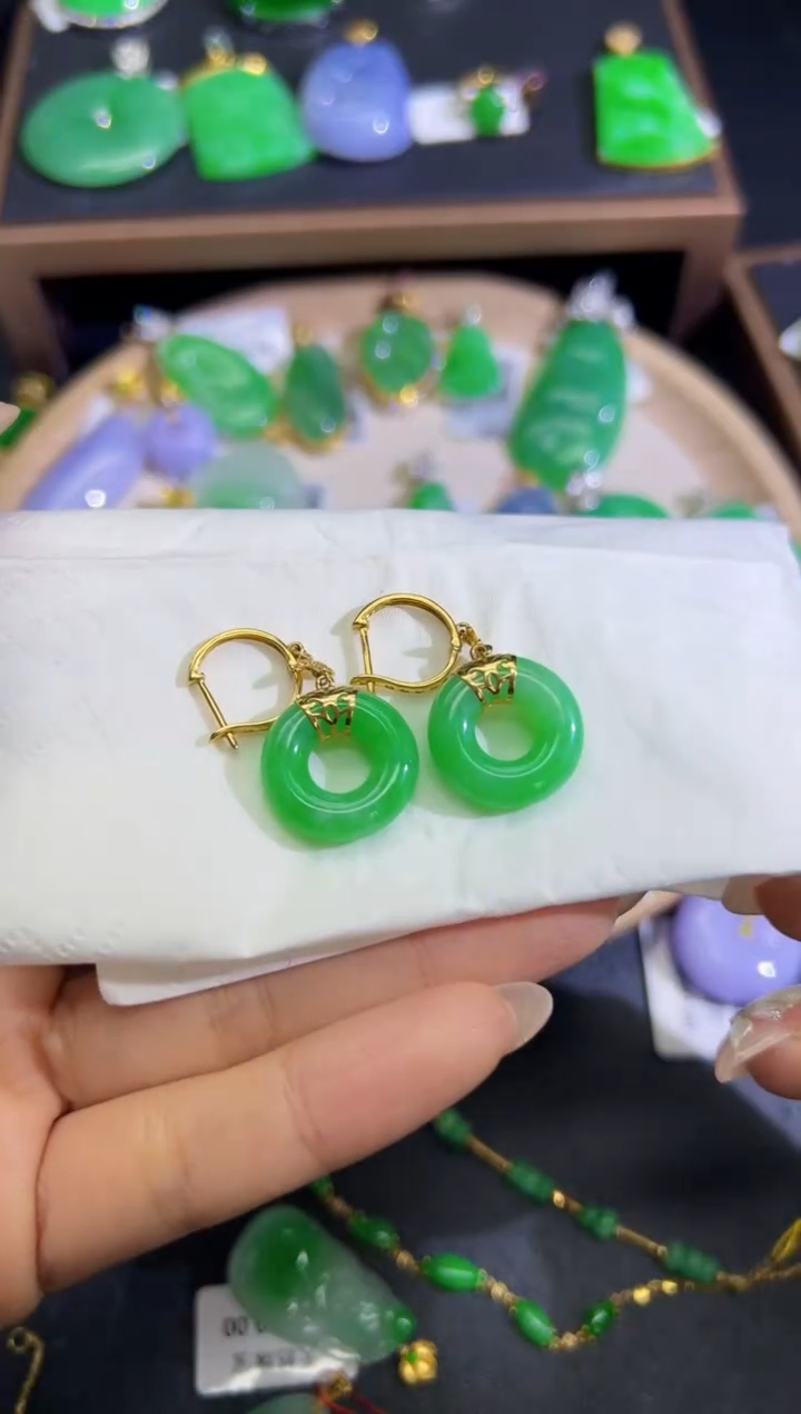 【闪购商品】翡翠耳饰18K金镶嵌Q缅料A货翡翠/支持复检/一件