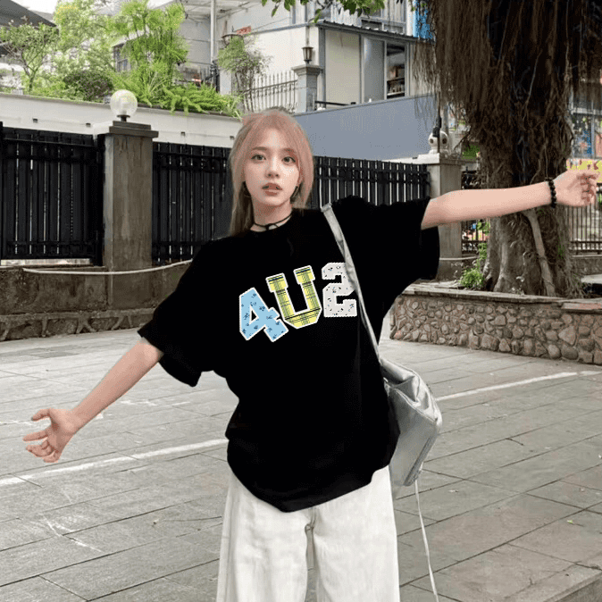 潮牌简约数字印花短袖t恤女宽松款百搭复古设计感慵懒风上衣大码T