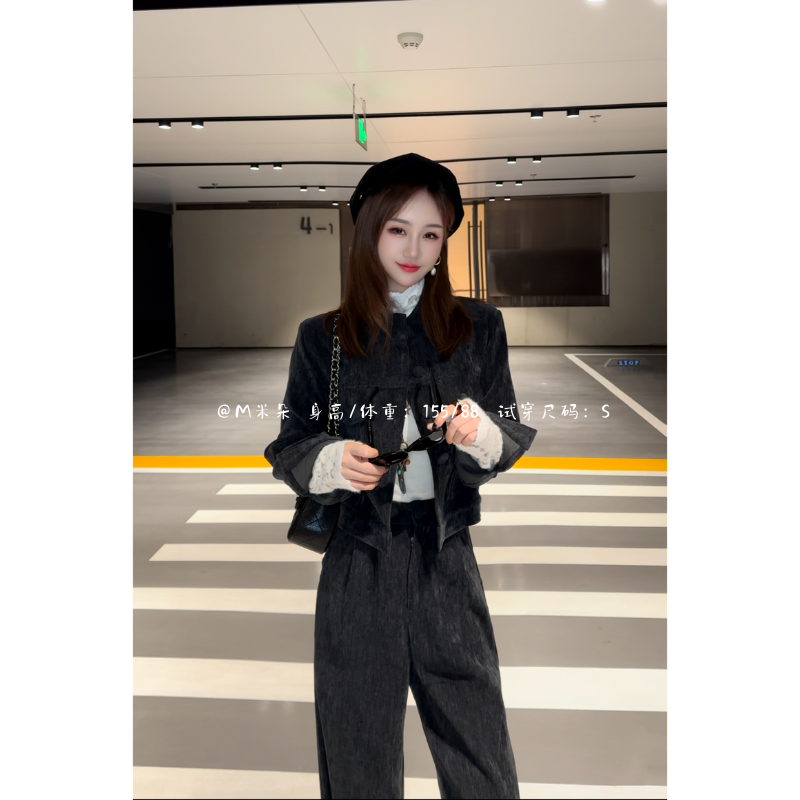 秋冬加厚新款灰色时尚轻奢绒感夹克套装3273女休闲显瘦气质两件套