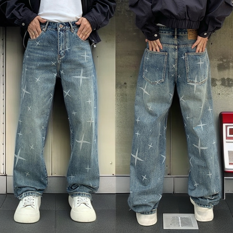 秋冬款潮牌美式宽松直筒高街印花牛仔裤男士青年痞帅锥形百搭长裤