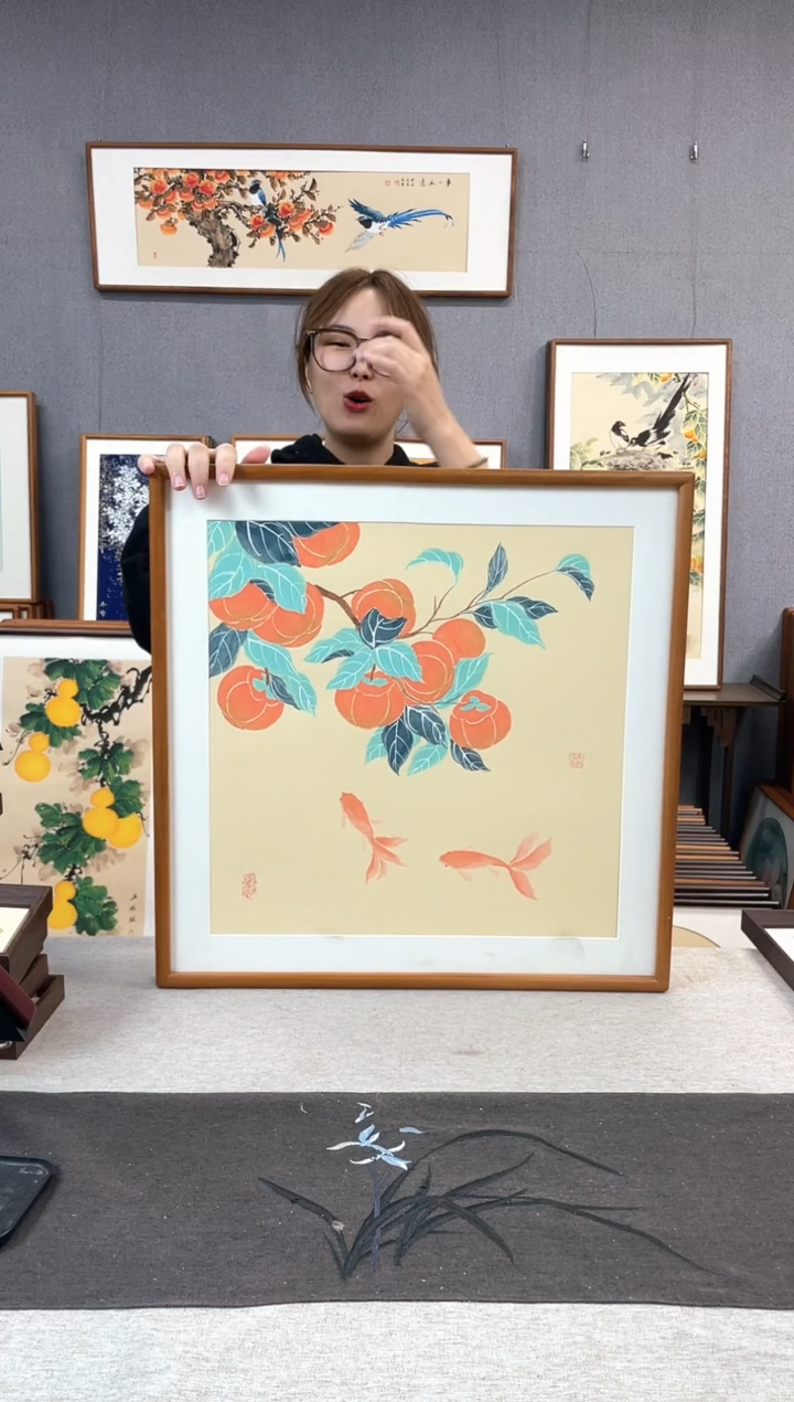 【闪购商品】国画唐以宁-纯手绘带框作品-53*53-柿子