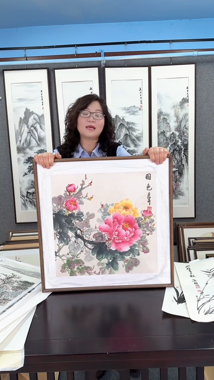 国画实木装裱  牡丹 60*60
