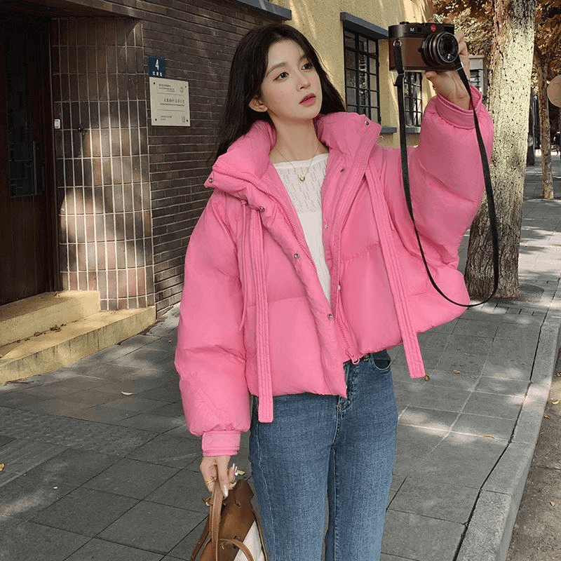 甜美蝴蝶结玫红色短款服女冬韩系小个子立领加厚保暖外套