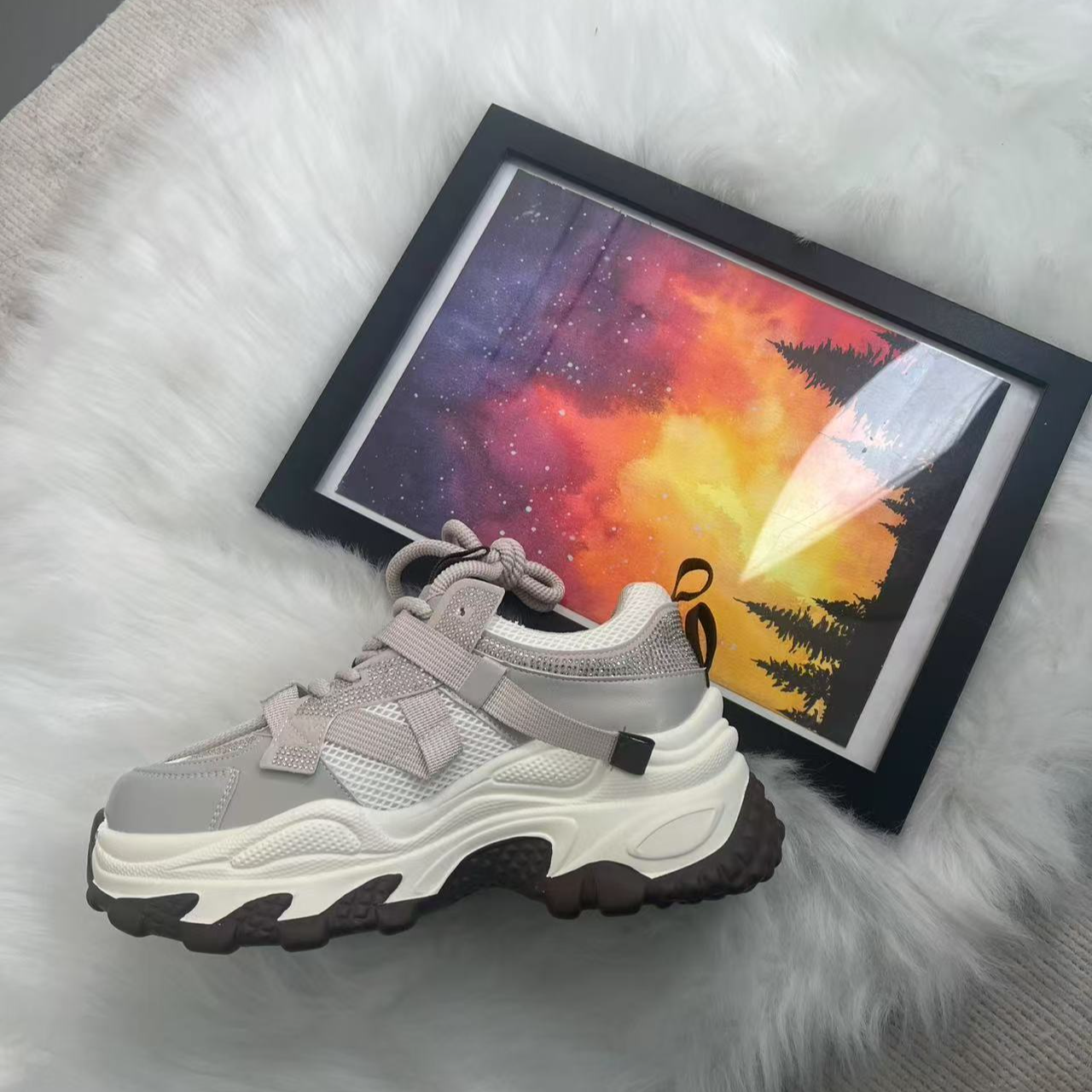 2025春松糕厚底增高水钻老爹鞋透气网面运动休闲鞋女鞋0512