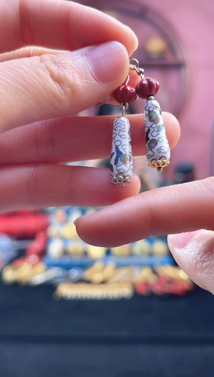 非遗 景泰蓝 耳环 白色 水滴