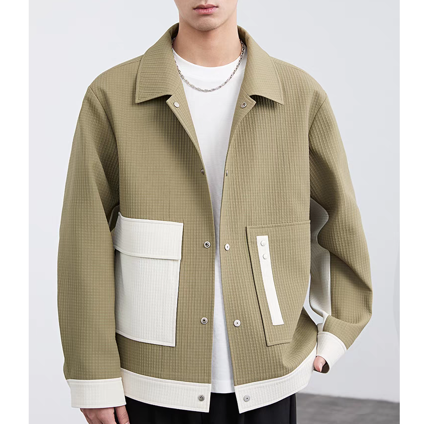 男士撞色拼接肌理感夹克春秋季新款潮韩版休闲高级翻领外套95016