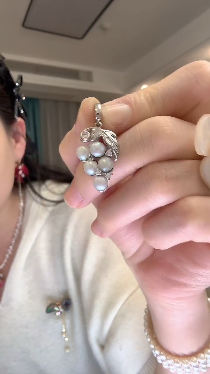 吊坠(不含链)银S925镶嵌淡水珍珠葡萄万能口吊坠