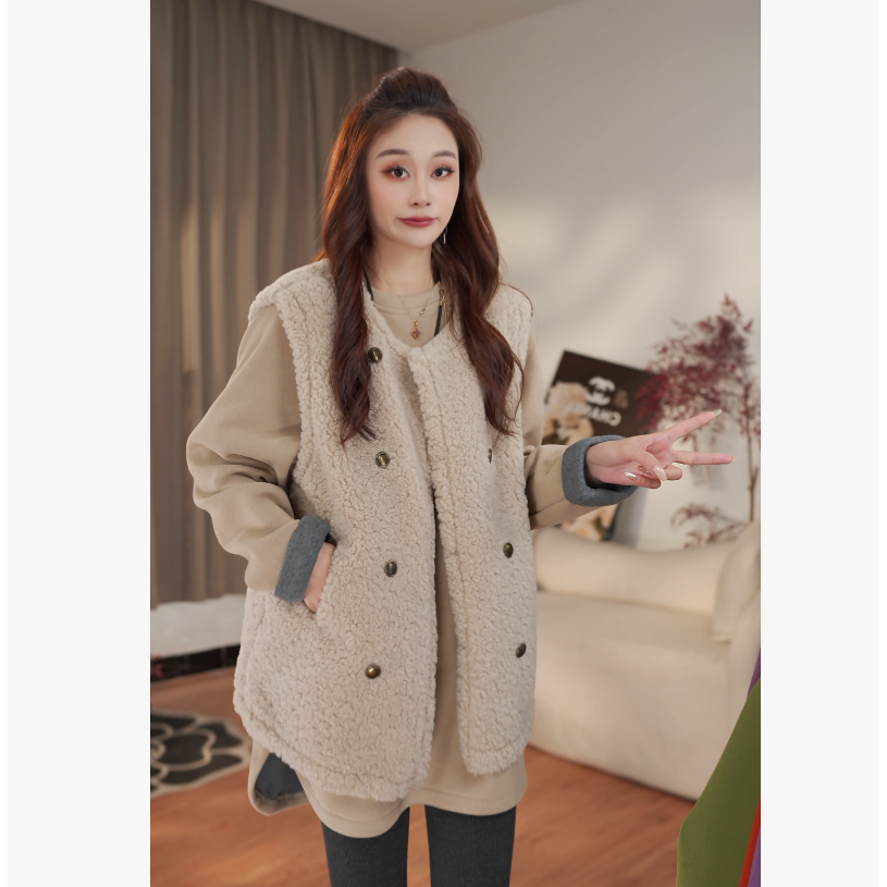 2025气质纽扣纯色毛毛马甲女秋冬圆领加厚叠穿无袖外套241063