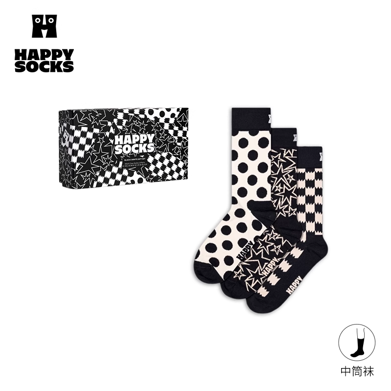 HappySocks黑白格子袜子礼盒三双装