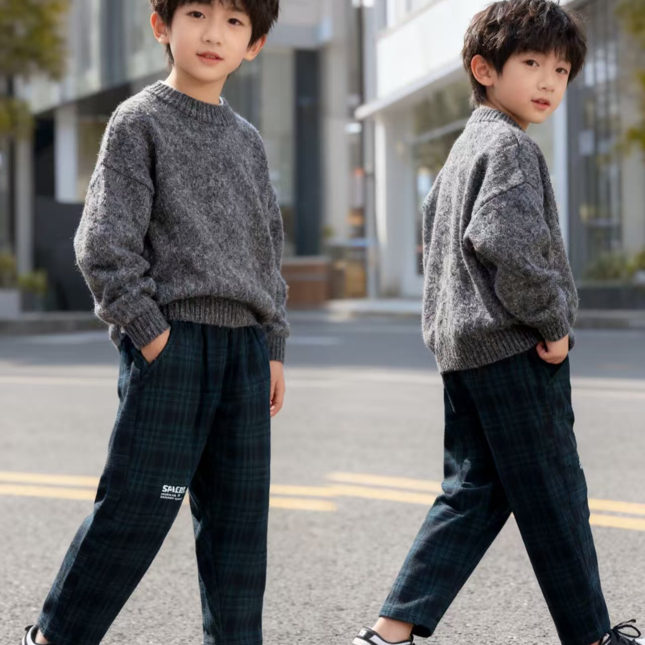 19579高端专享儿童冬季加绒休闲裤绿格