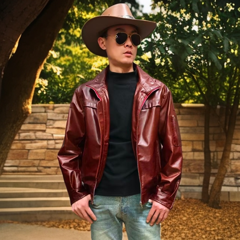 油蜡小牛皮02式飞行服宽松版型保暖舒适经典翻领立领时尚真皮皮衣