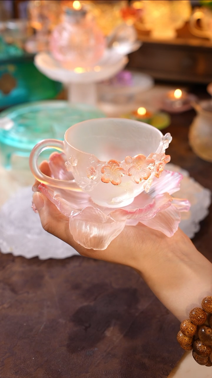 手工艺品琉璃丰**贸梅花咖啡杯+牡丹壶承1只