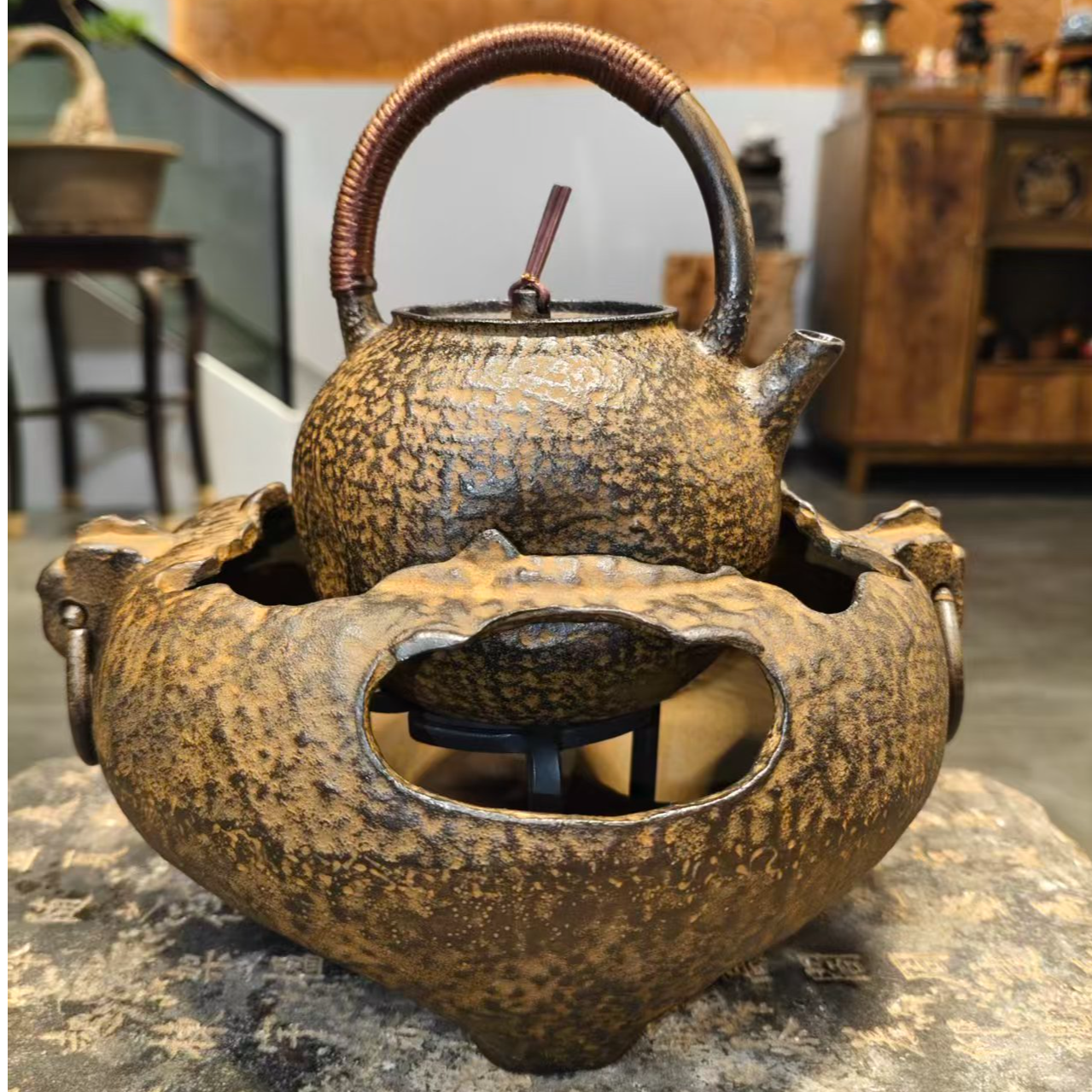 铸铁锔钉小土瓶330cc+铸铁小号破风炉酒精炉 家居碳火炉套装 铺子