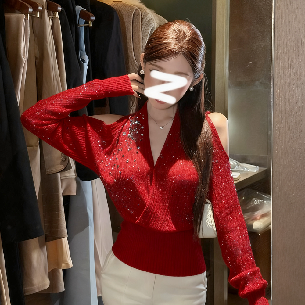 “碎闪星河”设计感重工烫钻交叉纯欲秋冬小众长袖高级感百搭上衣