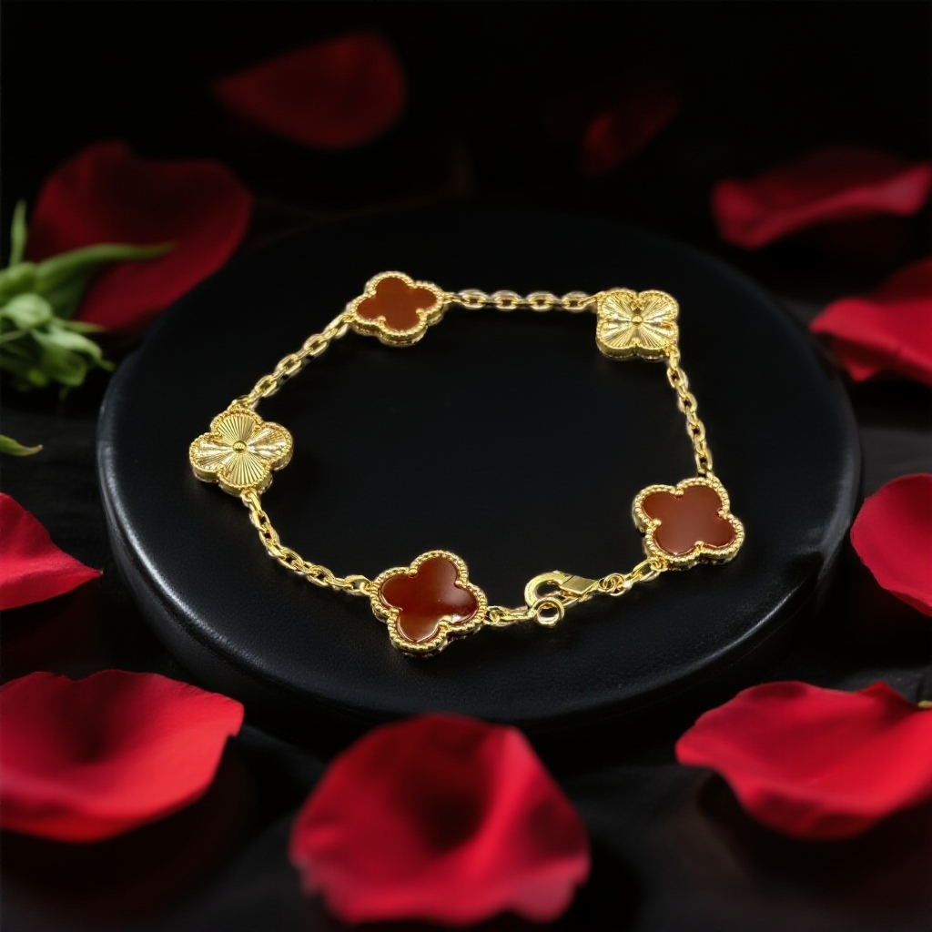 925银手链 S006 S925银五花四叶草手链（红）