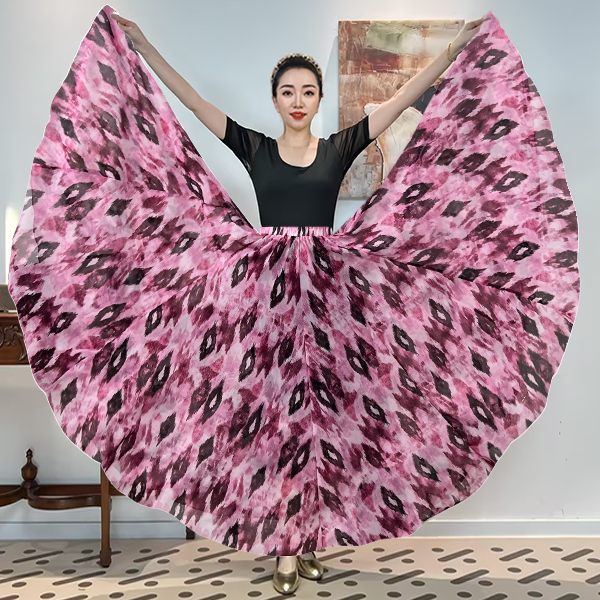 《四色艾德莱斯-棕粉》密织雪纺时尚百搭全松紧腰大摆半身裙带衬裙