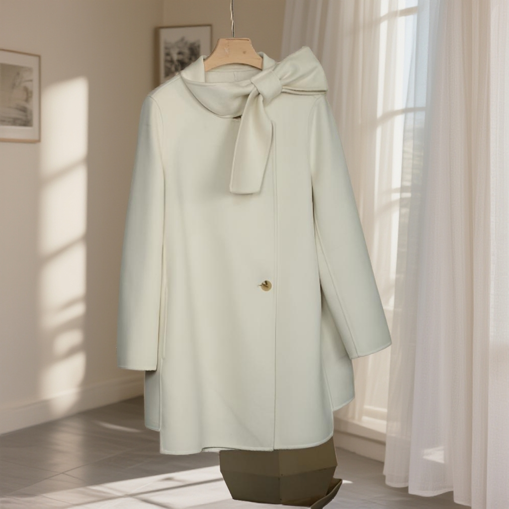 羊毛羊绒双面呢中长款大衣简约风秋冬翻领气质时尚围巾领毛呢