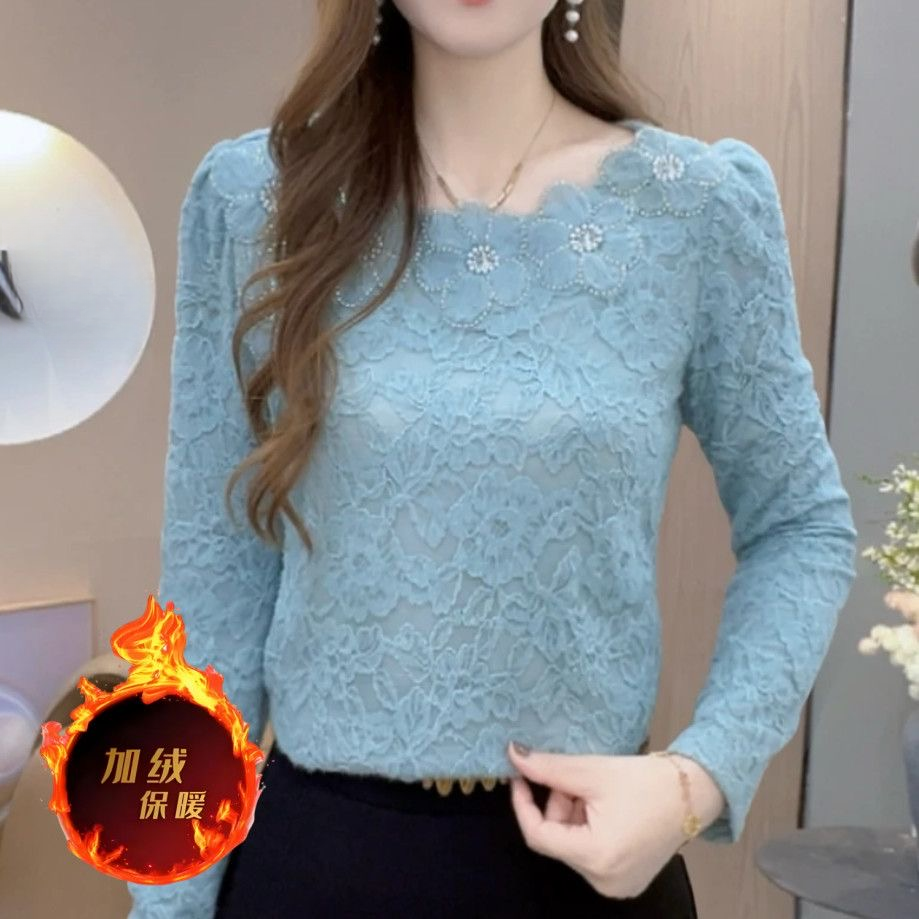 2026新年加绒磨毛上衣打底衫显瘦静奢风保暖长袖花瓣领蕾丝洋气