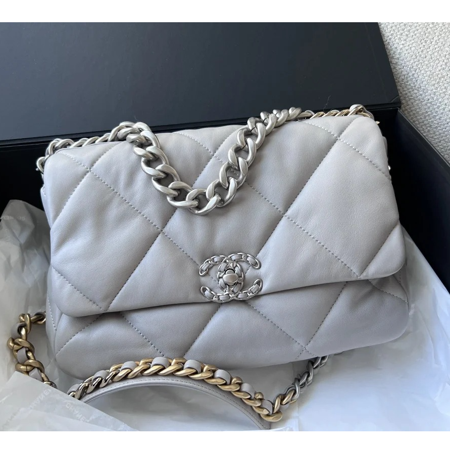 99新 Chanel/香奈儿 小花Jerry19BAG 口盖包 中号 30cm 灰色
