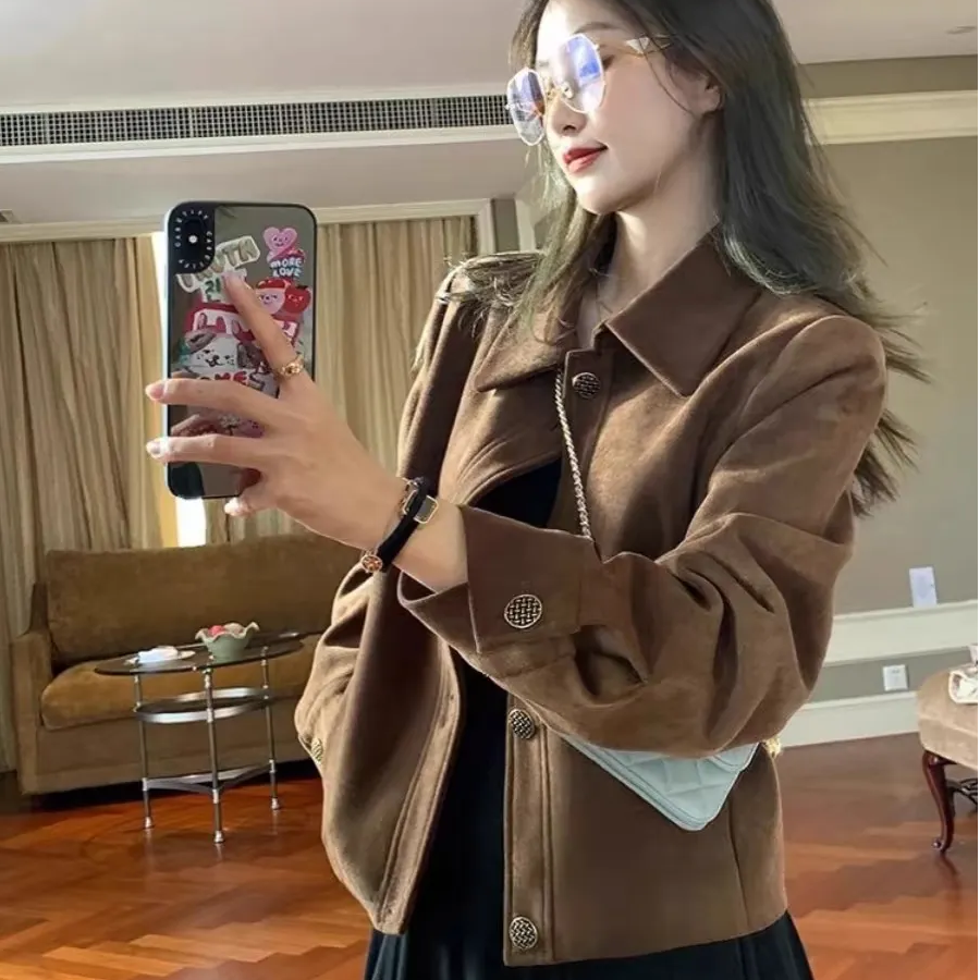 美拉德咖色外套女短款春秋款韩系宽松休闲复古小个子夹克上衣