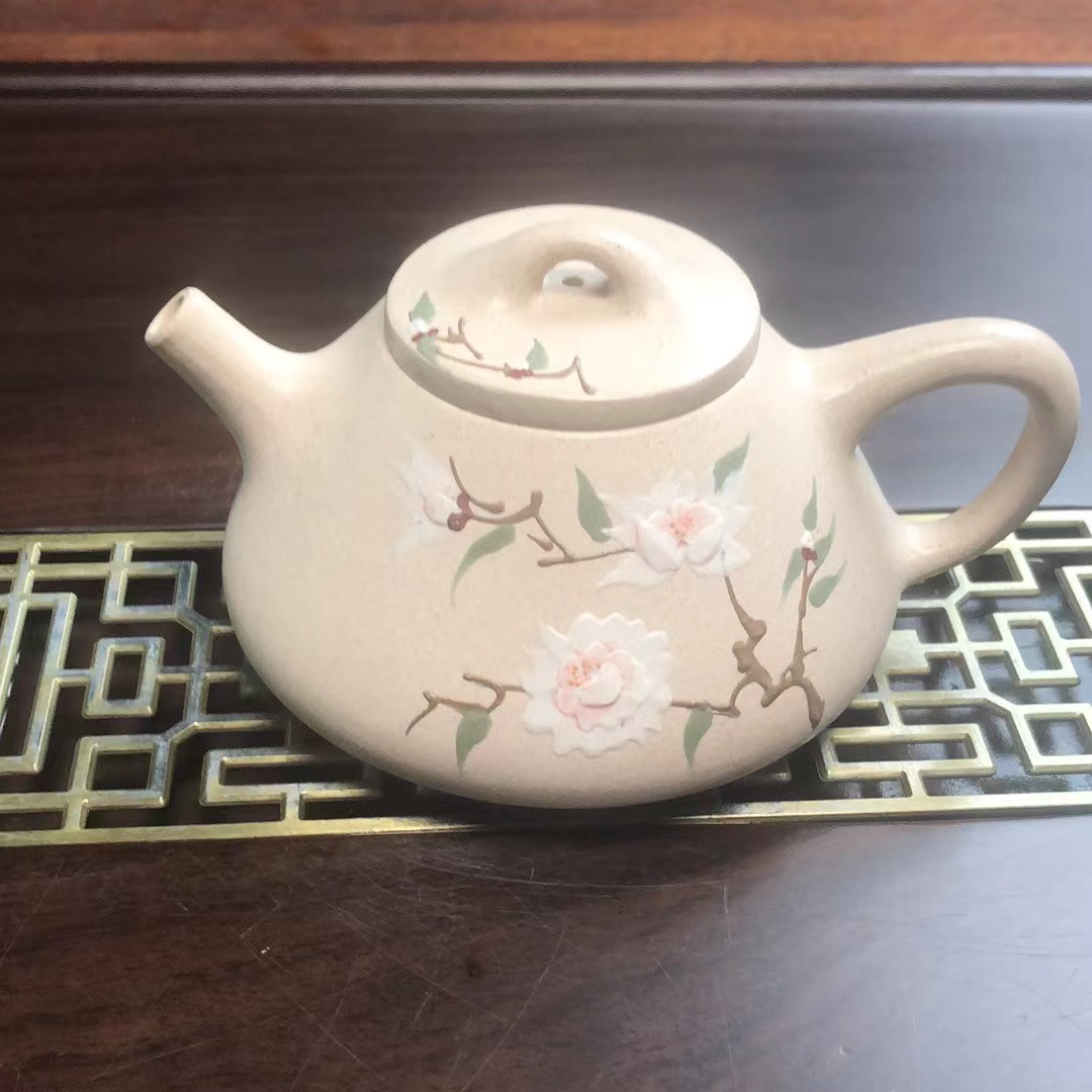 宜兴手工白段泥绘牡丹石瓢茶壶家用泡茶器