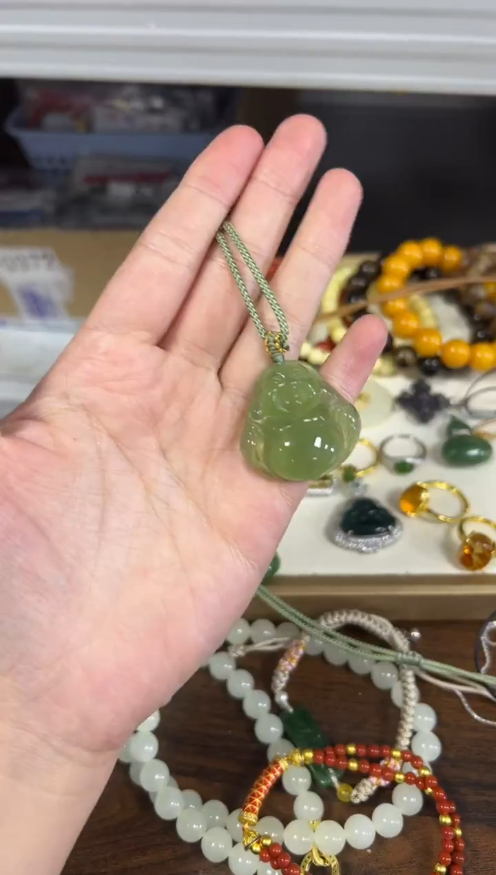 未镶嵌颈饰玛瑙/玉髓孤品绿玛瑙佛公吊坠项链[58]