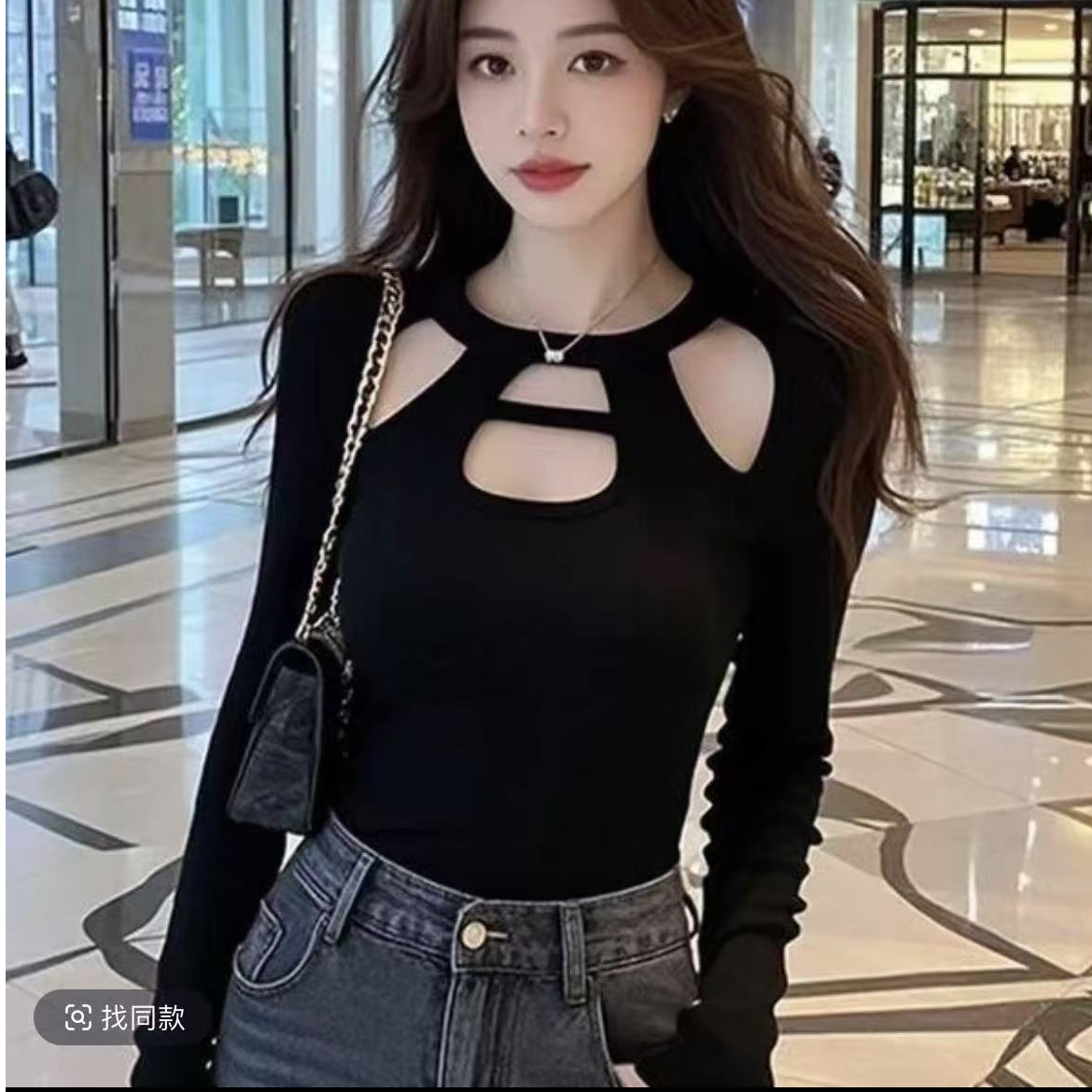 百搭镂空辣妹T恤纯色短款时尚修身挂脖露肩显瘦性感内搭长袖