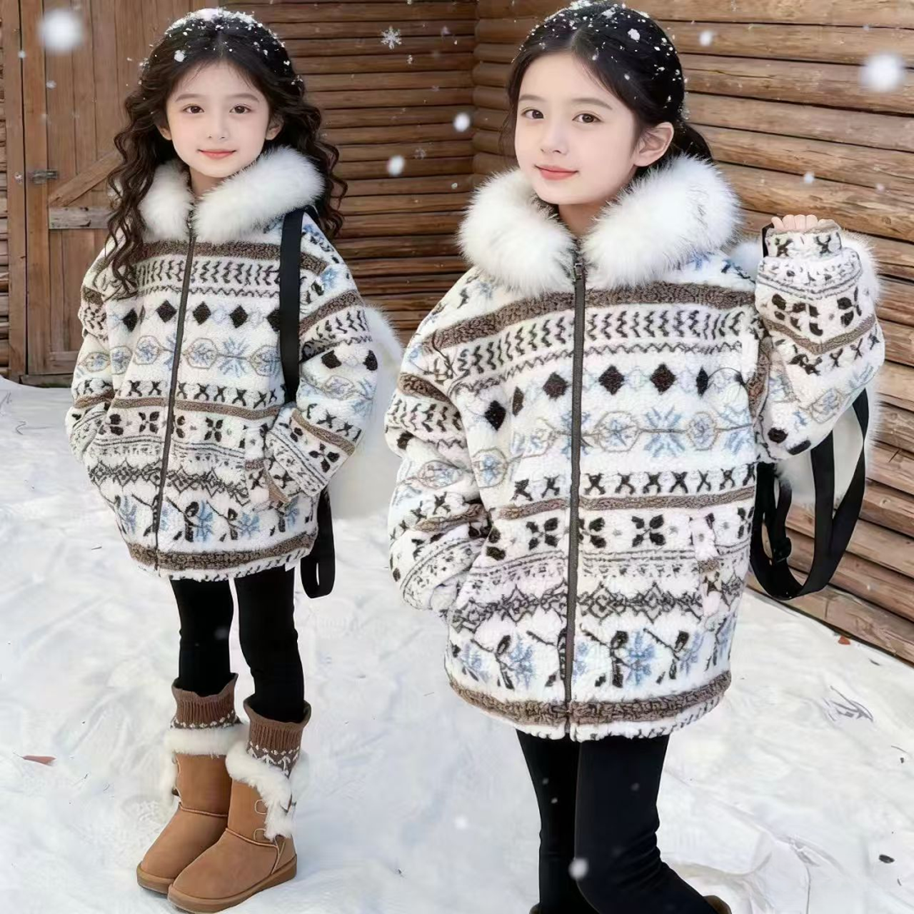 费尔岛女童毛毛衣外套2025冬季新款时尚加绒加厚保暖连帽外套潮