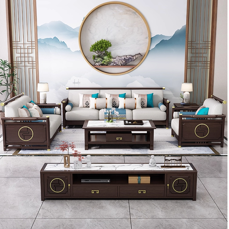 新中式轻奢高端全实木沙发组合现代中式客厅木加布转角贵妃沙发