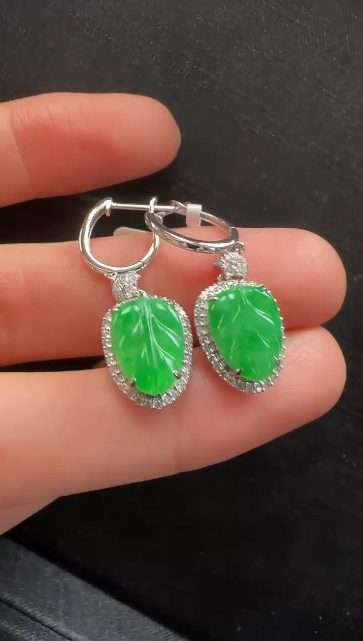 【闪购商品】翡翠耳饰18K金镶嵌509叶子一对