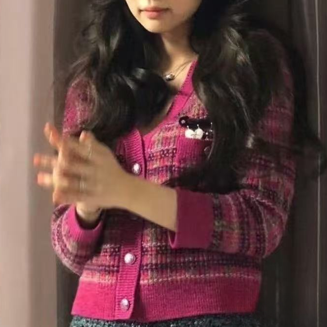 99新 Chanel/香奈儿 18B羊绒玫红色混色格纹编织针织外套38码