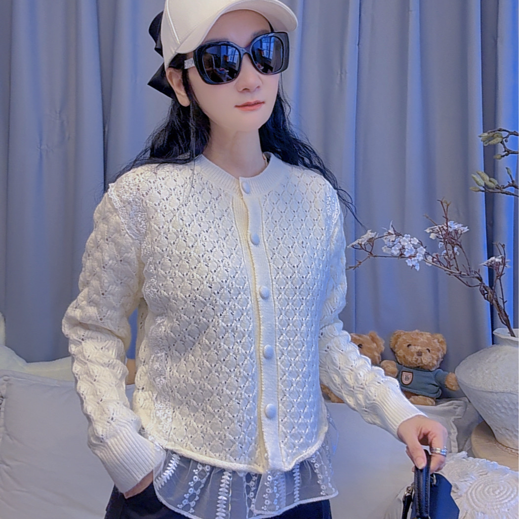 M54I003慕之淇绵羊绒小香风蕾丝拼接镂空针织开衫外套