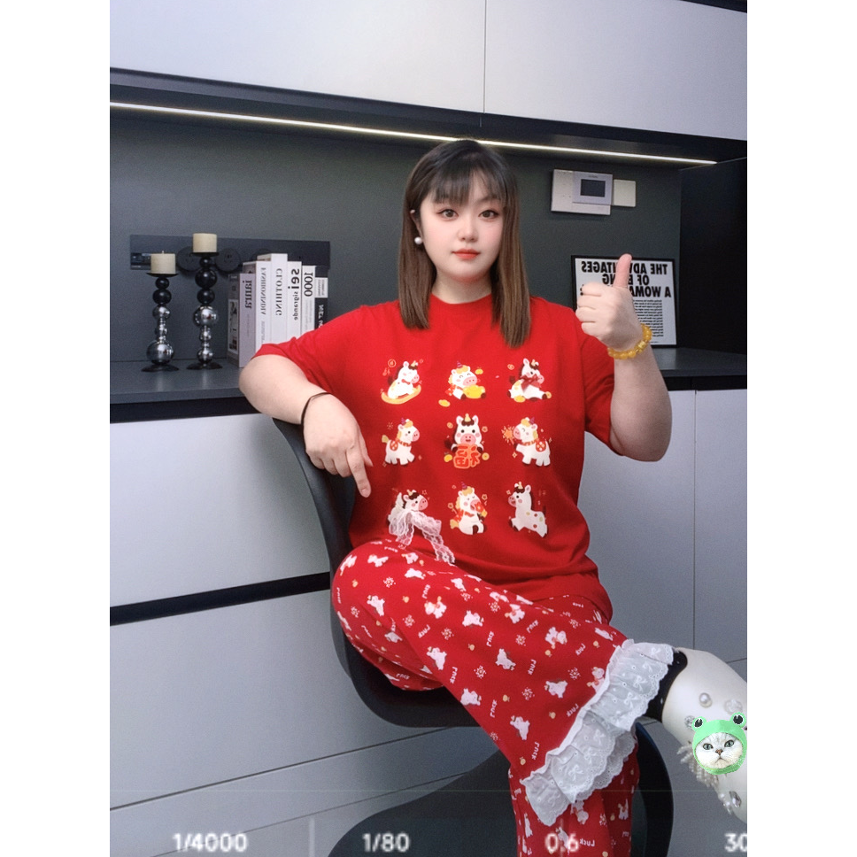 【运费险】本命年新年红色印花时尚休闲大码睡衣家居服套装FK25288