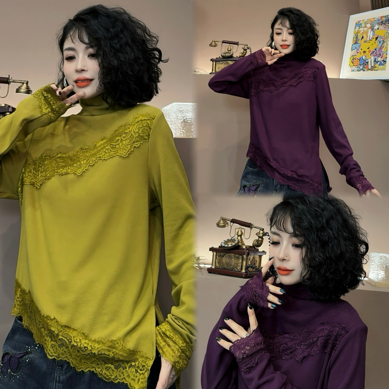 【亿火】秋冬新款堆堆领蕾丝拼接常规款街头风时尚针织衫G101-9948