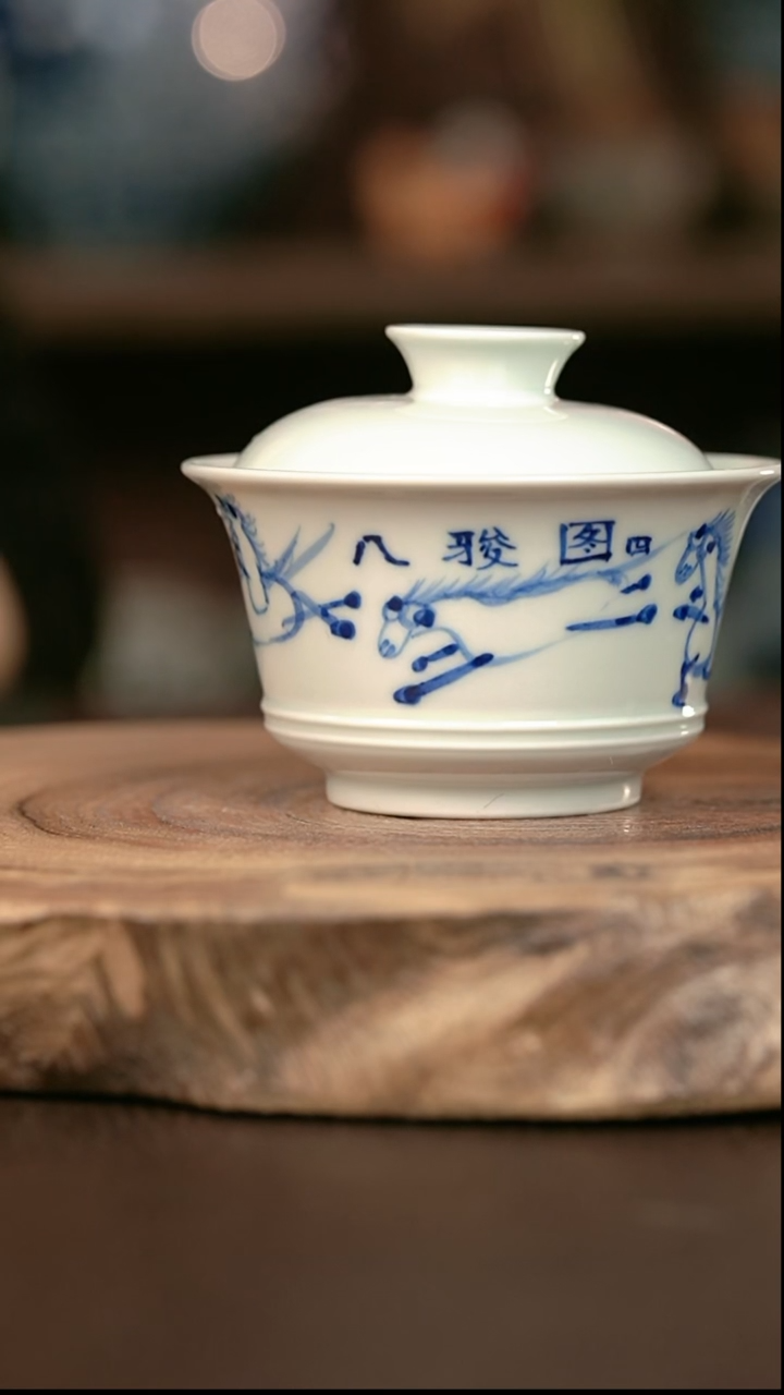 手绘 高温现代瓷  气窑  有暇 八骏图矮马蹄150c