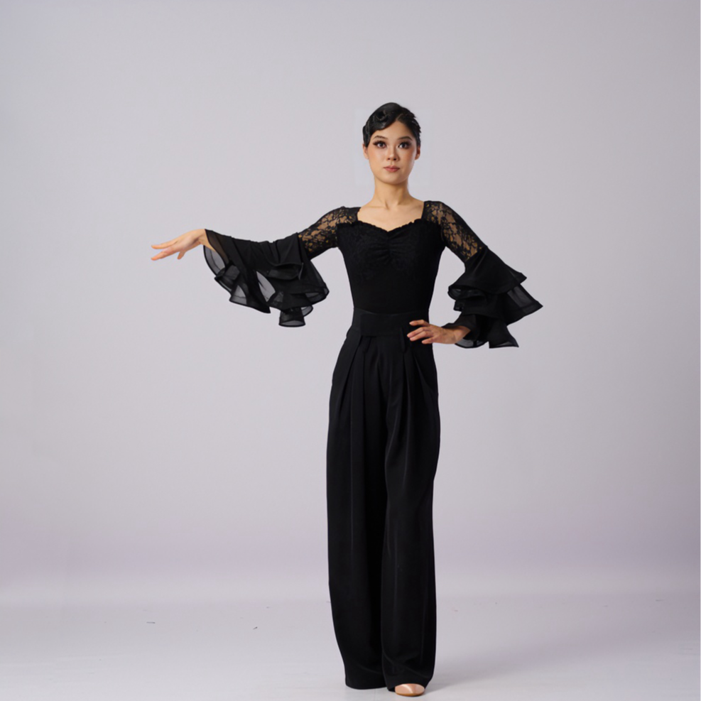 薇拉新款早秋蕾丝性感三层鱼骨袖连体练功服摩登服交谊舞