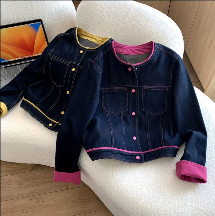 宽松嘎嘎内胆简约通勤常规款女短外套撞色牛仔拼接外套