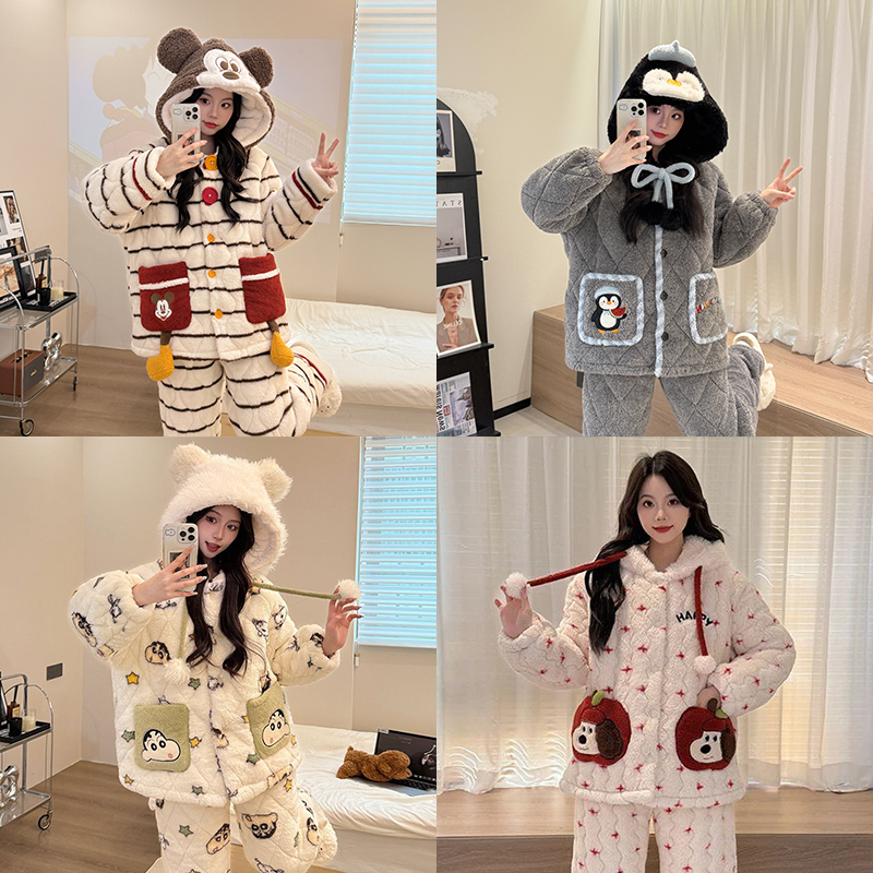 【二号链接】省服2025新款短款袍套保暖睡衣女冬季加厚家居服套装