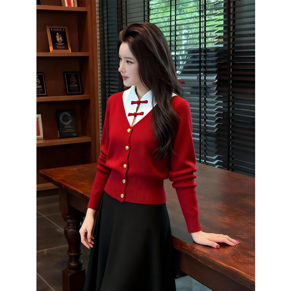 新中式国风红色假两件毛衣女2025年冬季超好看气质小香风针织上衣