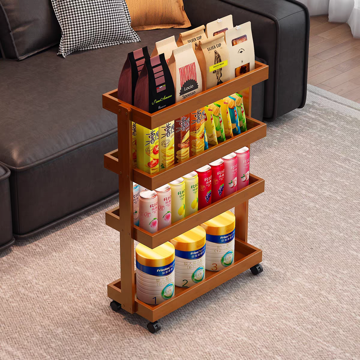 沙发边几可移动客厅侧边中古风零食小推车床头角几竹楠竹置物架