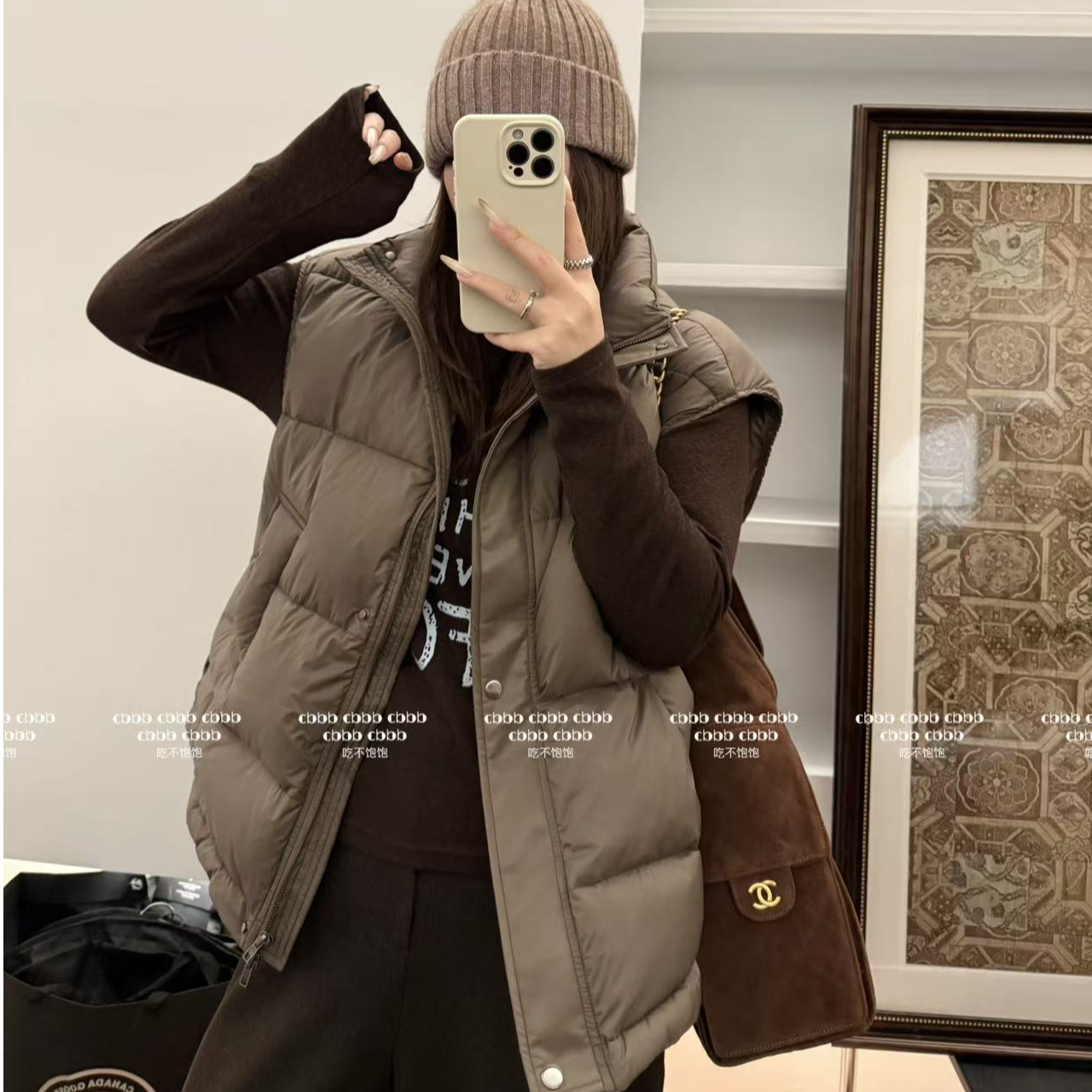 【吃不饱饱】大码 琥珀夜曲 设计感立领羽绒马甲背心宽松保暖4159