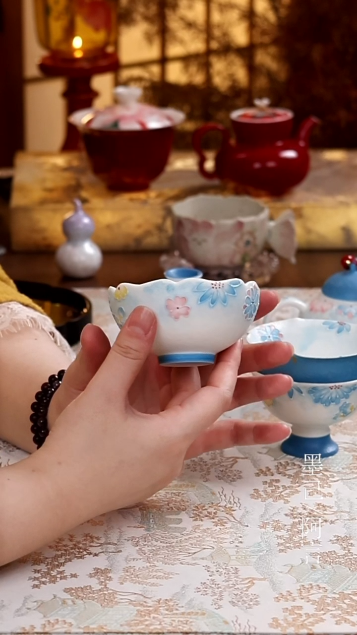 雾凇蓝-花眠-如意花口茶杯（外绘）