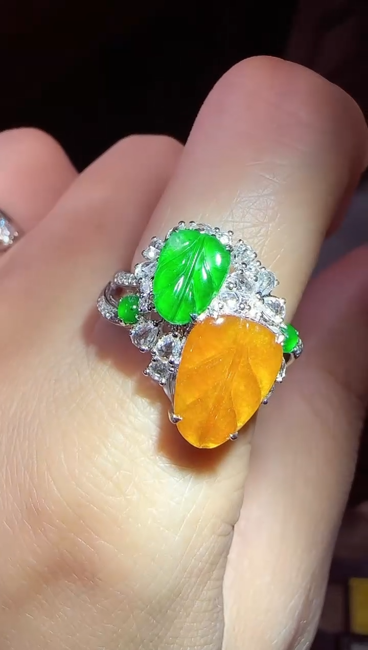 【闪购商品】翡翠戒指18K金镶嵌叶子