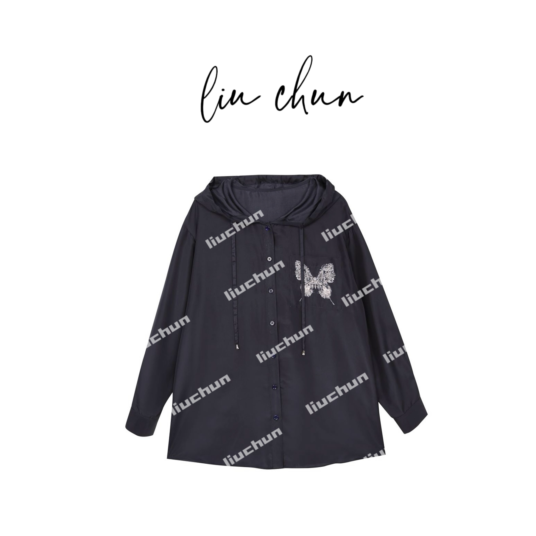 《CHUN》闪钻蝴蝶连帽桑蚕丝外套