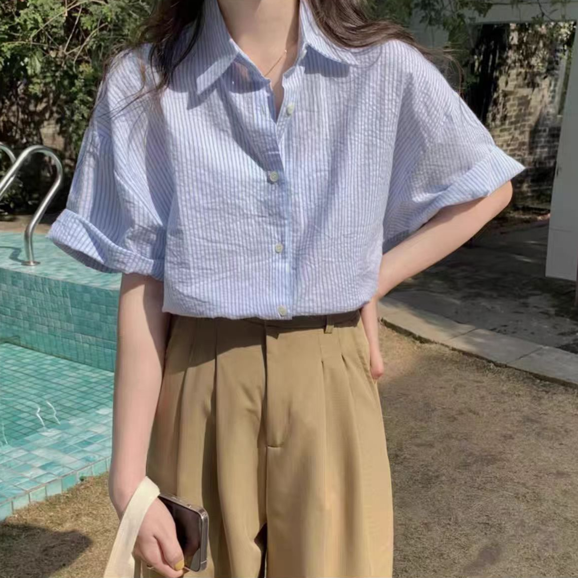 韩版条纹短袖衬衫内搭背心假两件拼接洋气衬衣(C9-11)811