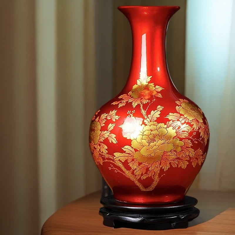 景德镇陶瓷器中国红花瓶摆件金沙水晶釉客厅电视柜玄关家居装饰品