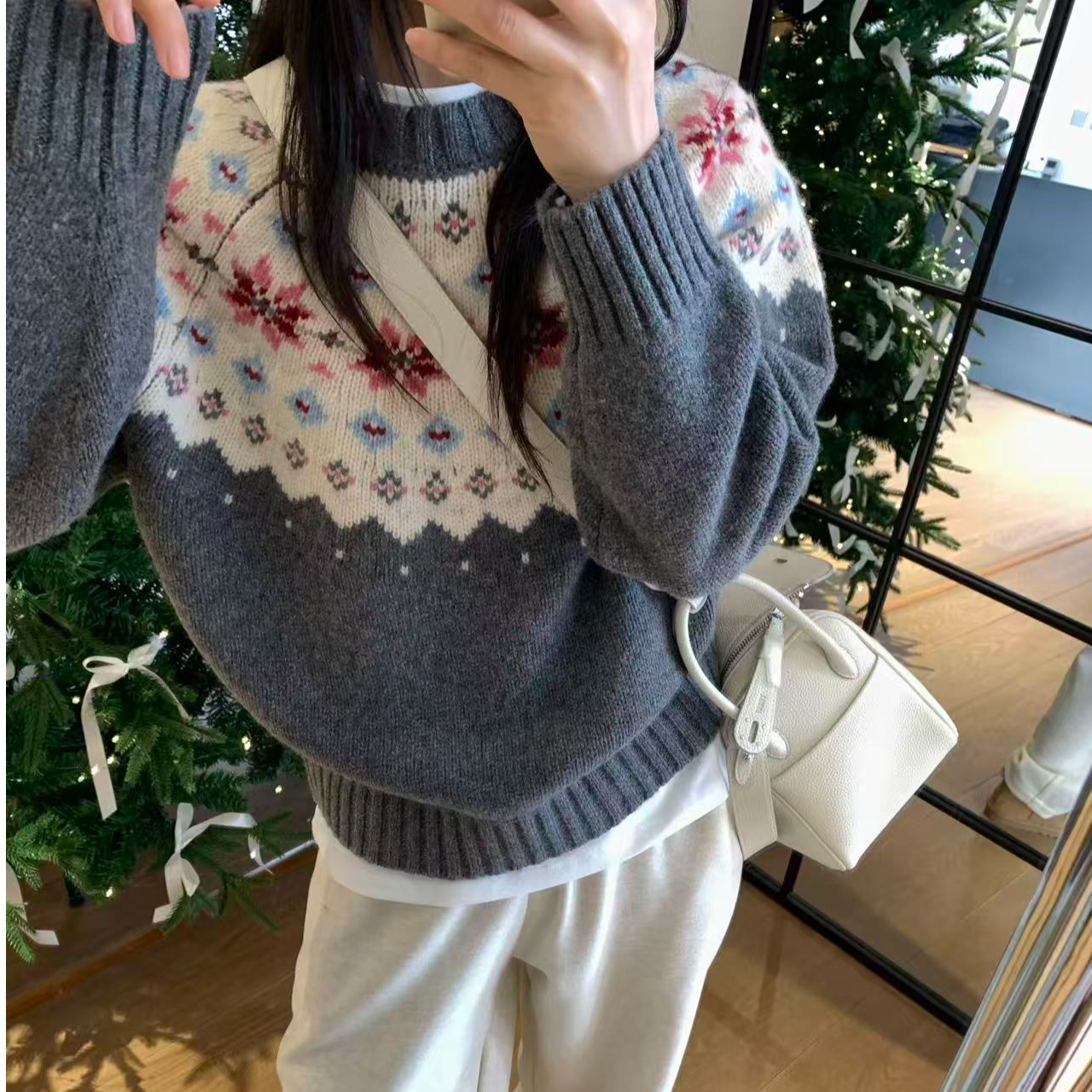 {初雪时分}韩系圆领拼色提花费尔岛雪花时尚慵懒风圆领套头毛衣