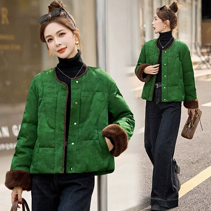 2024新款时尚设计感棉服女装短款小个子拼接袖短款提花新中式外套