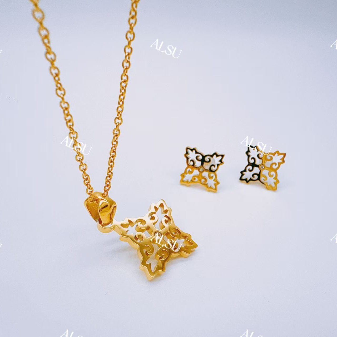 合金项链 ALSU原创经典简约两件套(锁骨链+耳钉)时尚镂空花型